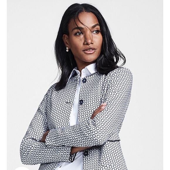 Brooks Brothers Petite Floral Jacquard Cropped Jacket Blazer Blue White SZ 4 - Picture 2 of 12